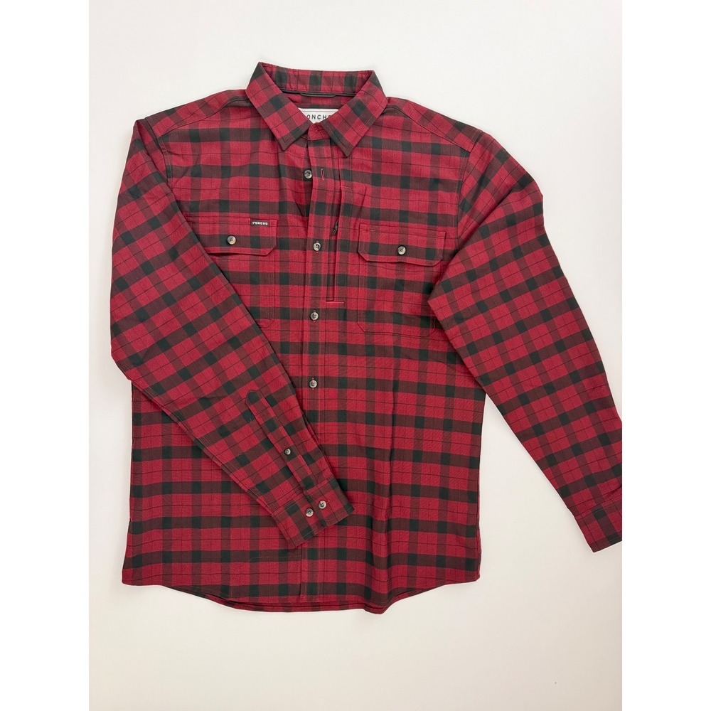 Poncho Outdoors Slim Fit Flannel Shirt Red Black Plaid Magnetic Pockets Medium